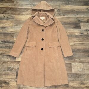 Michael Kors Wool Blend Coat Women XS Camel Tan Hooded Button Front
